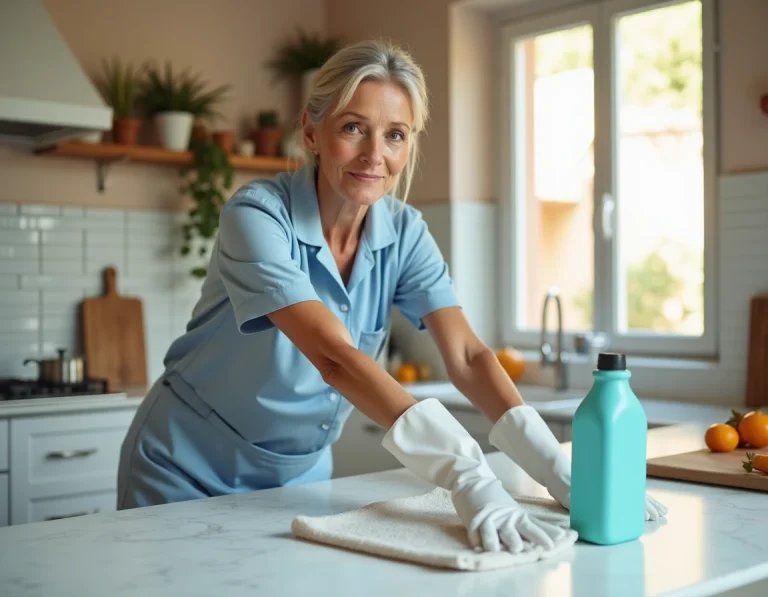 Femme de ménage professionnelle nettoyant un plan de travail dans une cuisine moderne à Nîmes