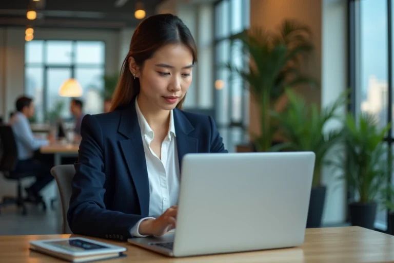 Femme professionnelle travaillant sur un tableau de bord analytics dans un bureau moderne pour optimiser la présence en ligne de son entreprise