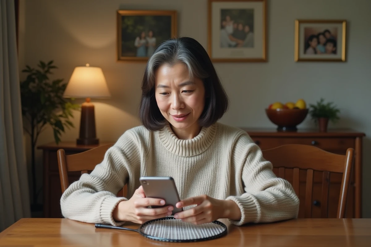 Femme utilisant son smartphone pour scanner un QR code sur une raquette