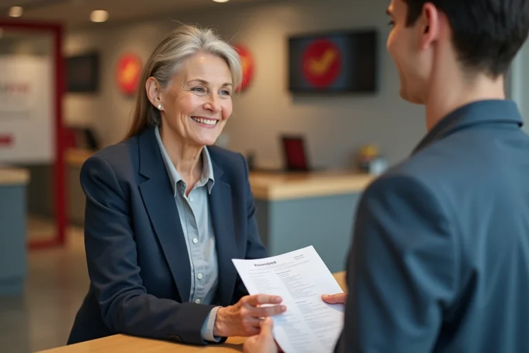 Femme senior souriante remettant un CV à un recruteur à La Poste