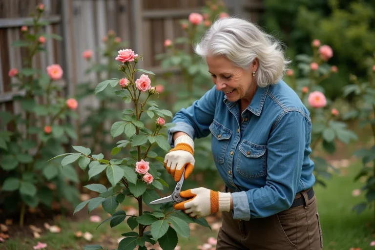 Femme taillant un rosier dans un jardin