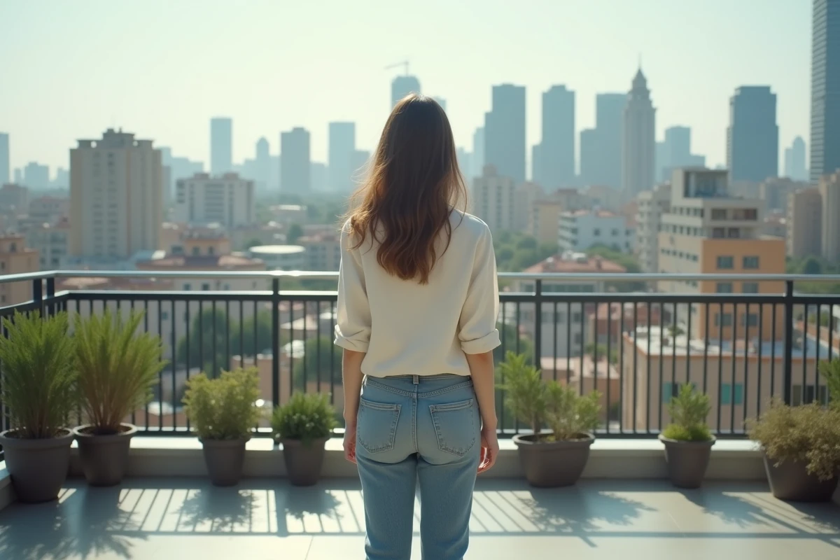 Jeune femme contemplant un panorama urbain depuis la terrasse d'un appartement moderne en ville