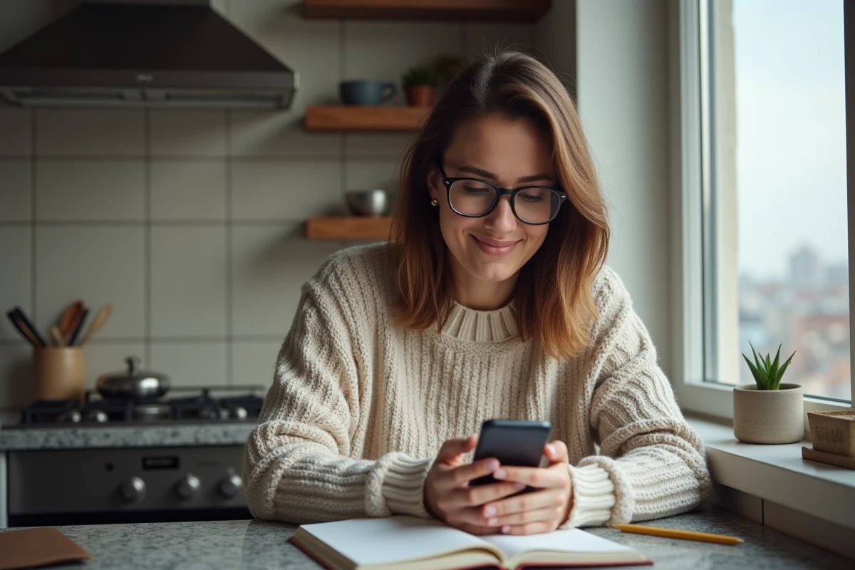 Femme en cuisine utilisant son smartphone avec notes et tablette