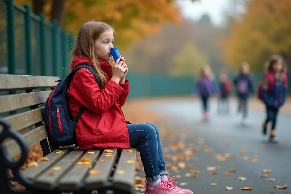 Fillette asthmatique utilisant son inhalateur préventif avant une activité physique dans une cour d'école