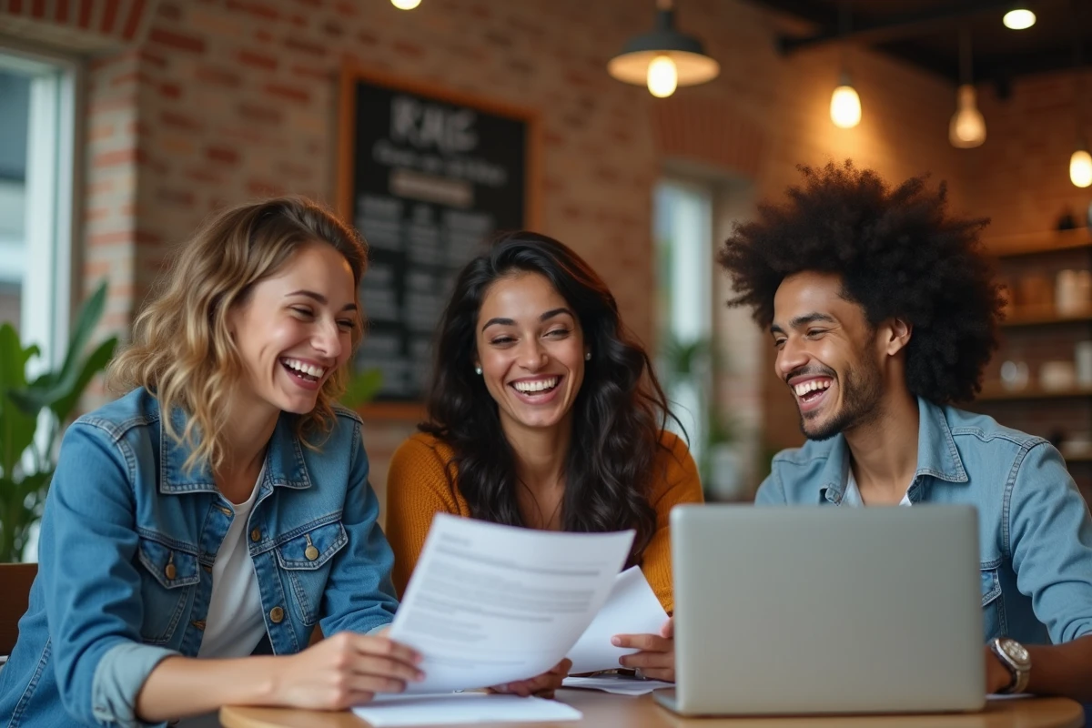 Groupe de jeunes entrepreneurs en réunion collaborative dans un café moderne avec ordinateurs et rapports imprimés