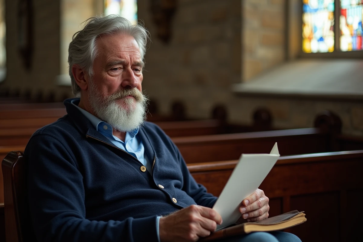 Homme chrétien de 70 ans lisant une carte d'anniversaire dans une église avec Bible sur les genoux