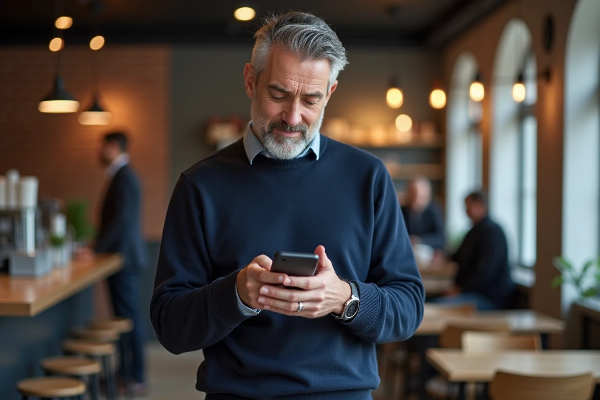 Homme utilisant une application bancaire mobile dans un café moderne en milieu urbain