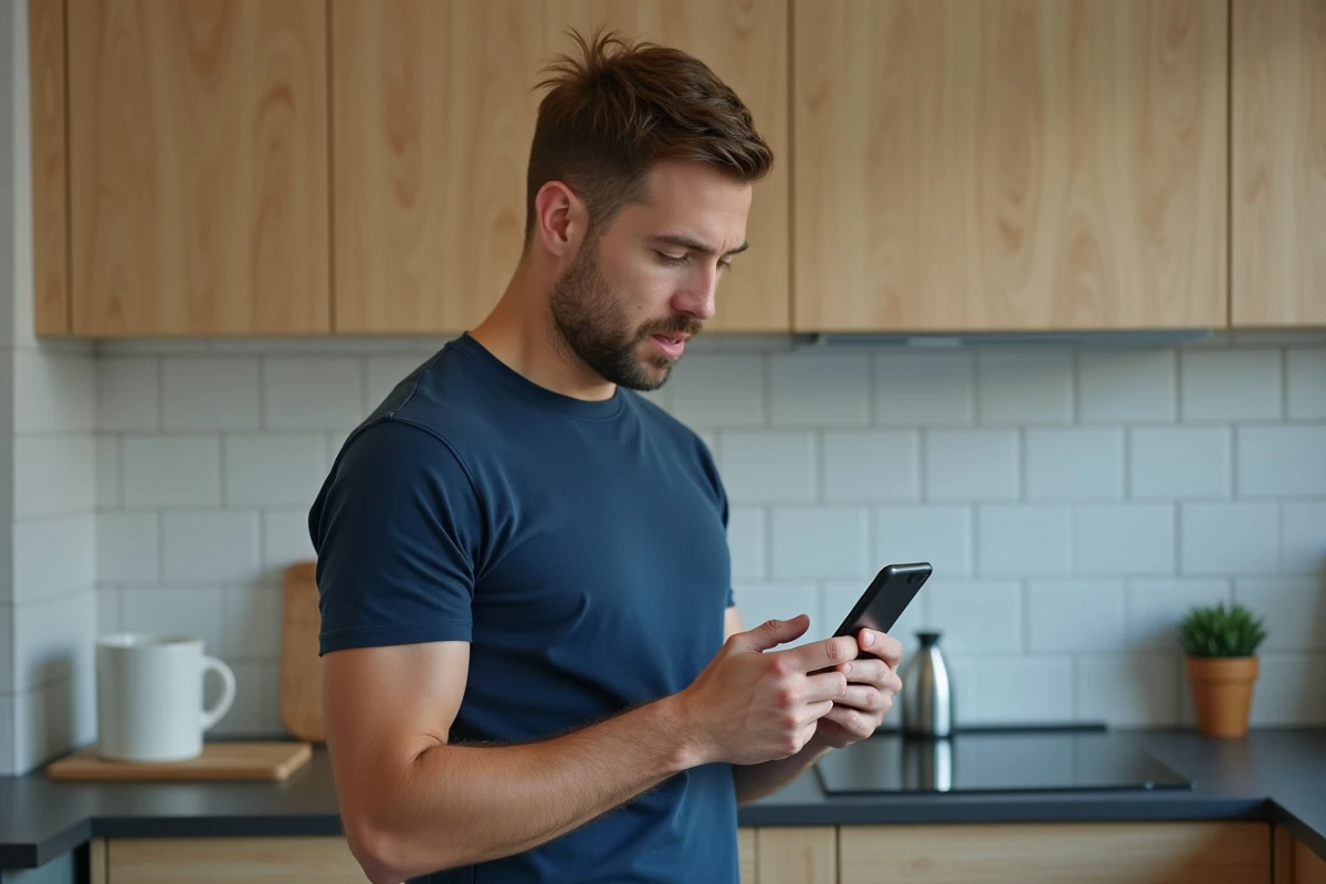 Homme consultant son compte CA 22 sur smartphone dans une cuisine, authentification bancaire mobile