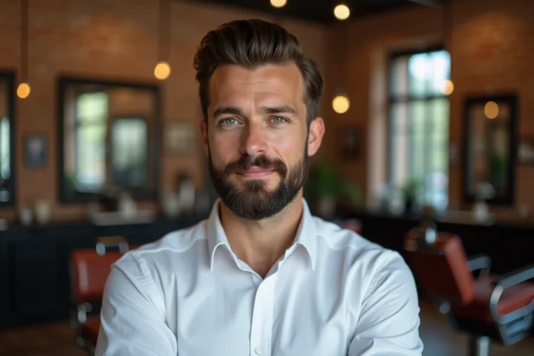 Homme aux cheveux courts arborant une barbe Van Dyke soignée dans un salon de barbier moderne