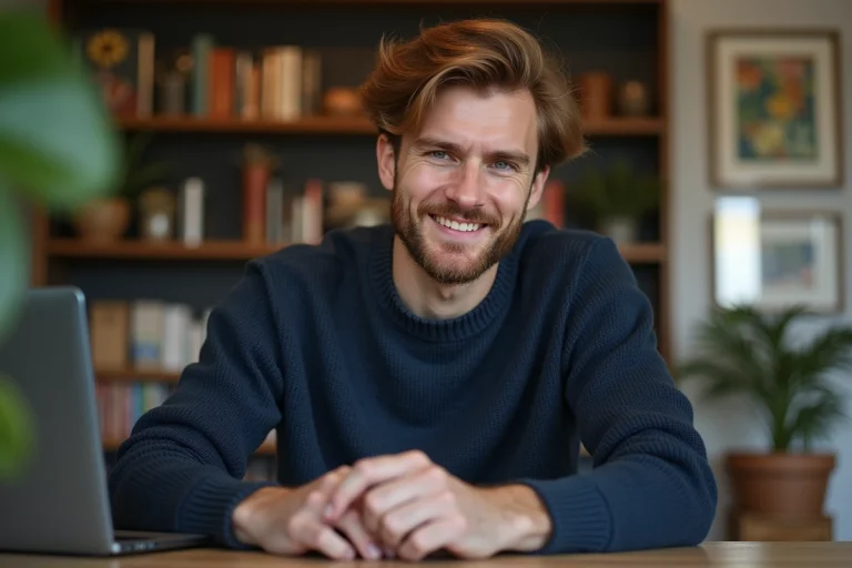 Homme en sweater bleu dans un bureau chaleureux
