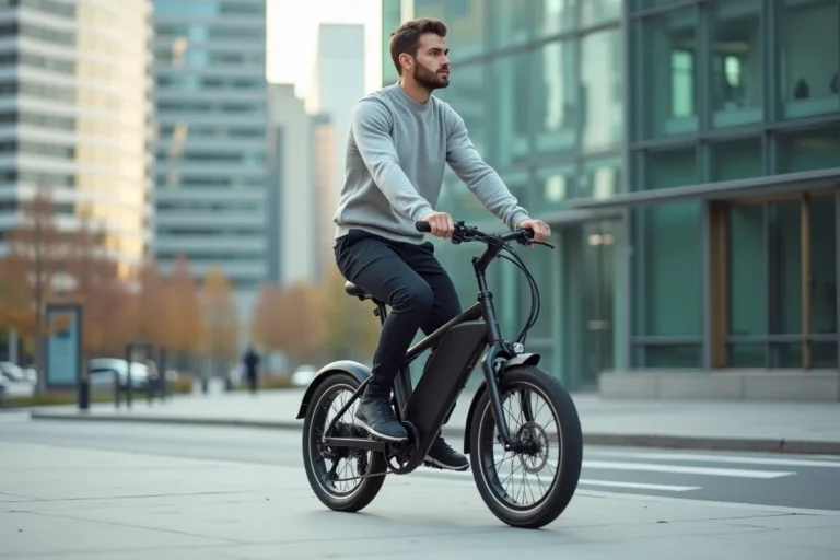 Homme adulte circulant sur une draisienne électrique urbaine dans une rue moderne avec immeubles en verre en arrière-plan