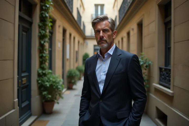 Homme élégant en costume sombre dans une cour parisienne, illustrant un article sur la vie privée de Yann Barthès