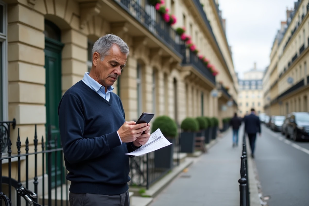 Homme devant un immeuble haussmannien consultant une annonce de location immobilière sur son téléphone