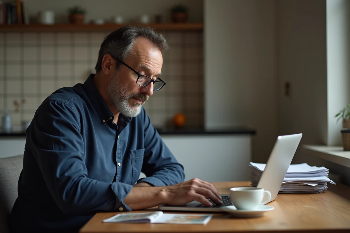 Homme consultant le site gouvernemental des zones tendues sur un ordinateur portable dans un appartement français