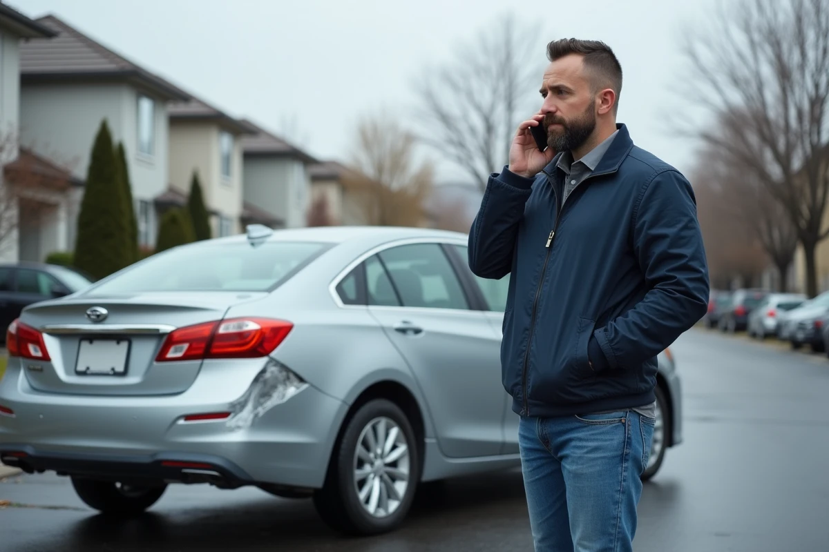 Homme constatant les dégâts sur sa voiture après un sinistre et contactant son assurance auto