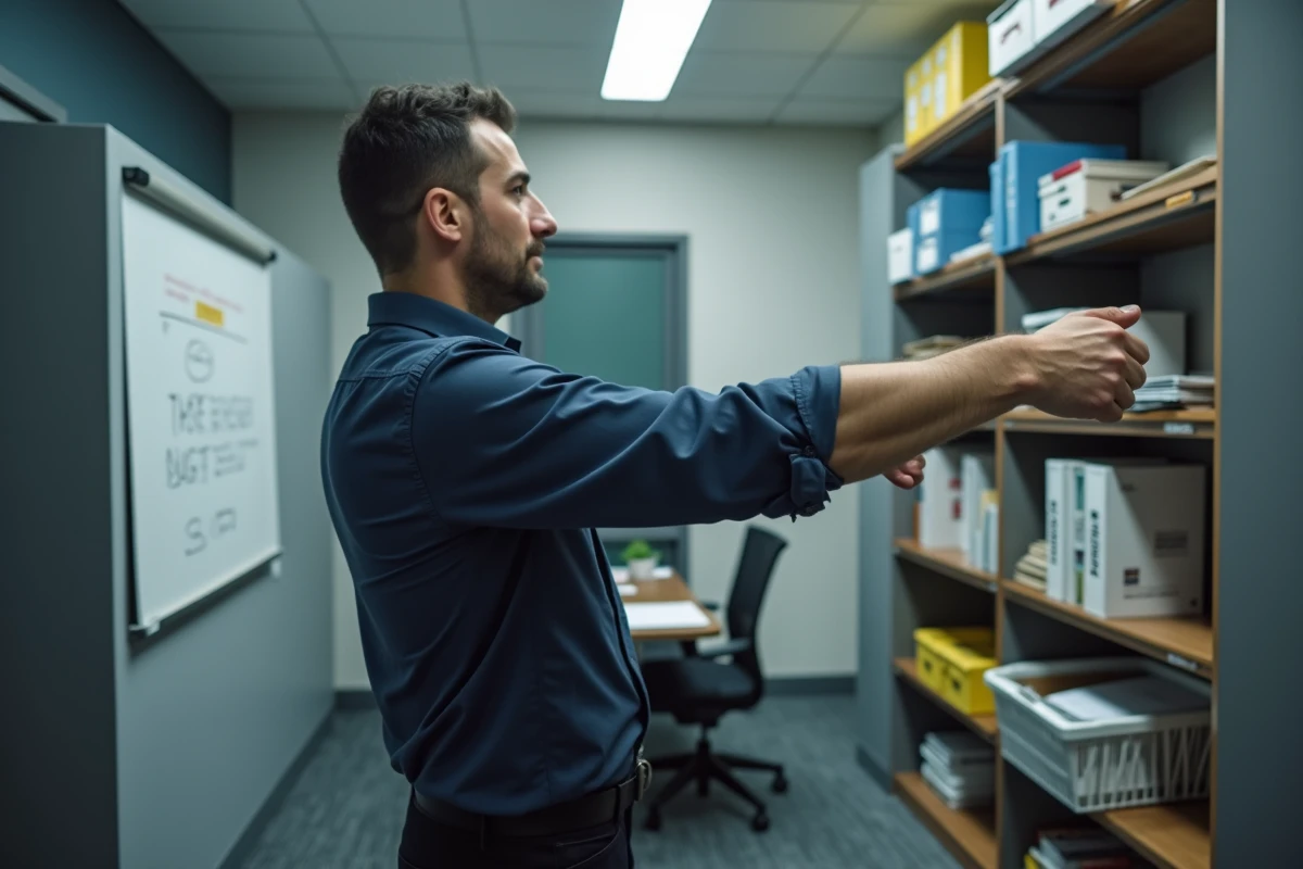 Homme en chemise étirant dans une salle de réunion
