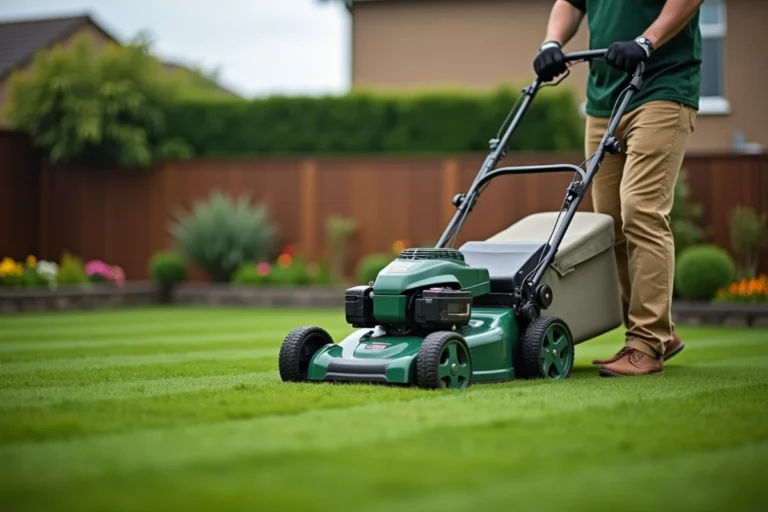 Homme poussant une tondeuse à gazon dans un jardin pavillonnaire bien entretenu