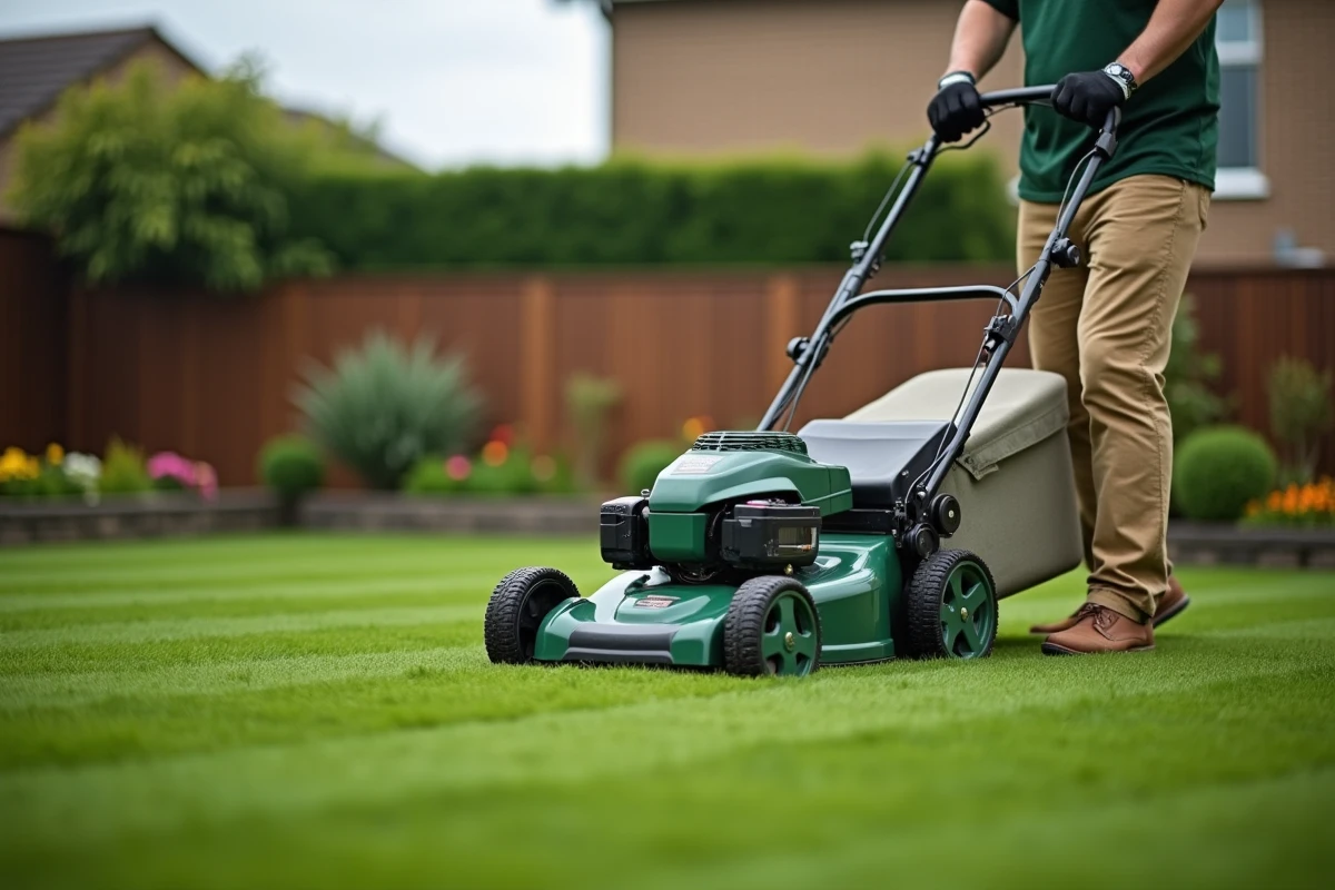 Homme poussant une tondeuse à gazon dans un jardin pavillonnaire bien entretenu
