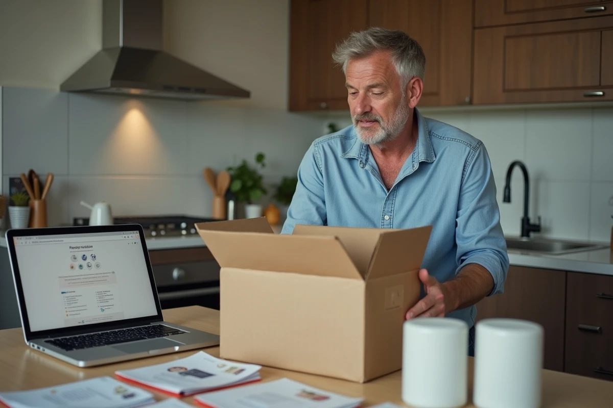 Homme déballant un colis dans sa cuisine avec produits