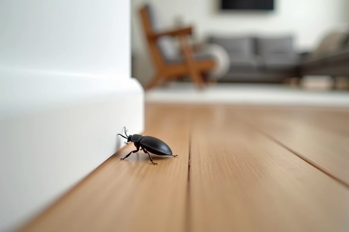 Petit insecte noir rond marchant le long d'une plinthe blanche dans un intérieur domestique moderne avec parquet en bois