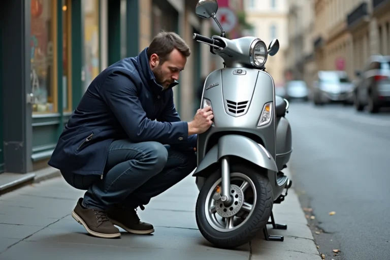 Homme inspectant un scooter d'occasion avant achat en milieu urbain