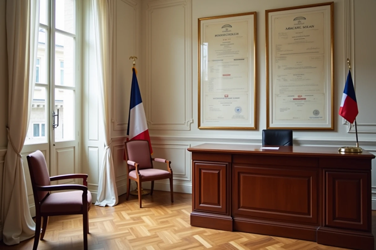 Intérieur d'une mairie française avec bureau officiel et drapeau tricolore, évoquant une cérémonie de mariage civil discret