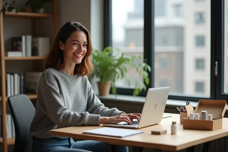 Jeune femme souriante travaillant à son bureau à domicile