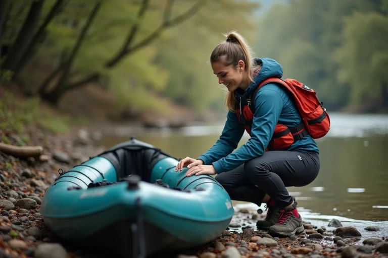 Jeune femme inspectant un kayak gonflable au bord de la rivière