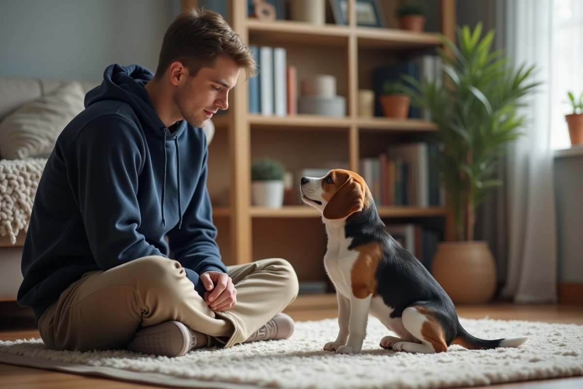 Jeune homme entraînant un chiot dans le salon