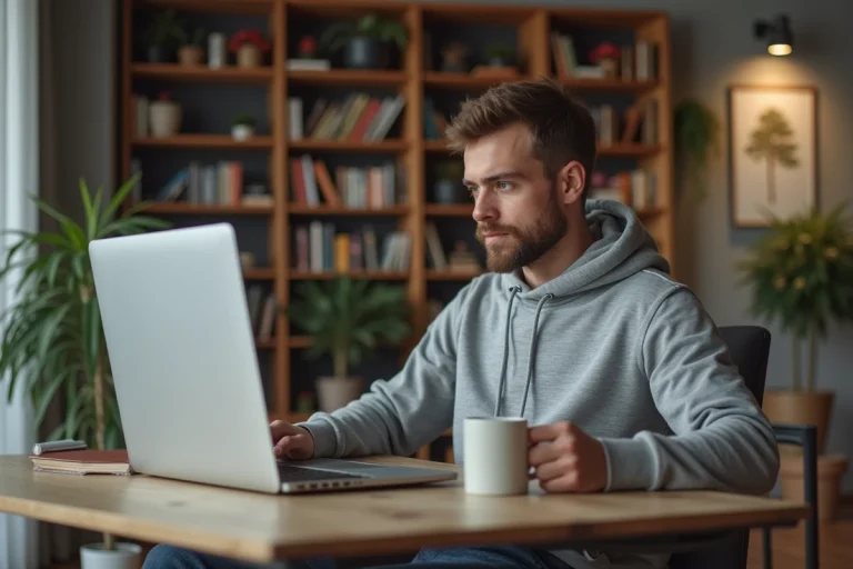 Jeune homme assis à un bureau moderne avec ordinateur portable