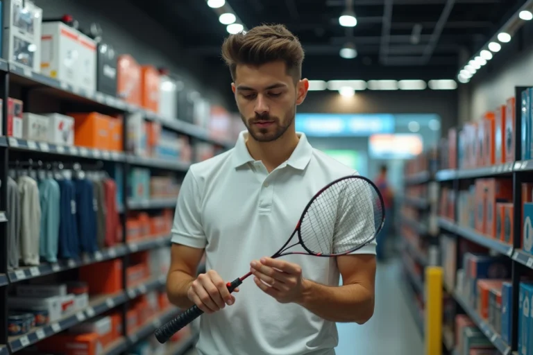 Jeune homme inspectant une raquette de badminton en magasin