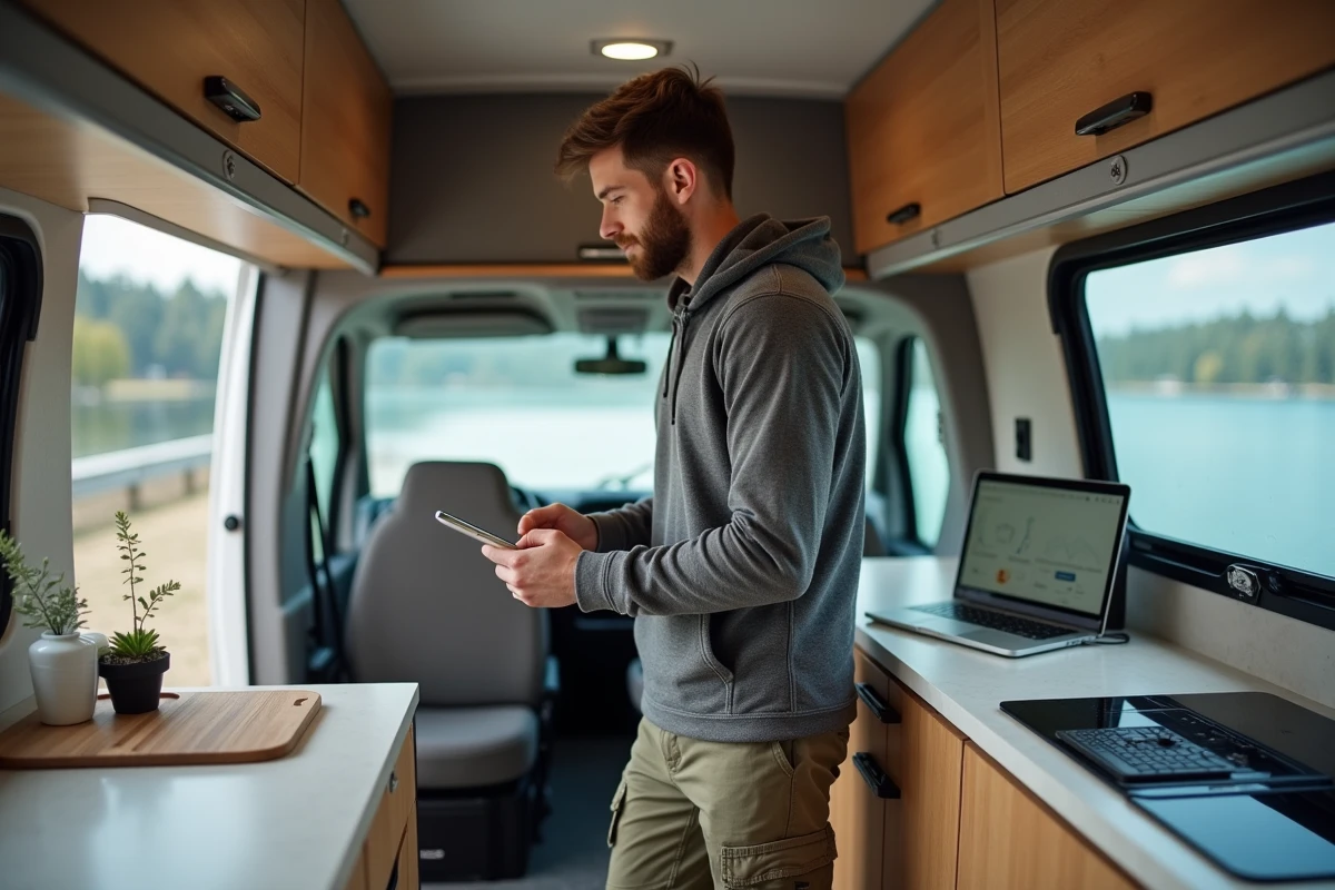 Jeune homme configurant le tableau de bord numérique du van