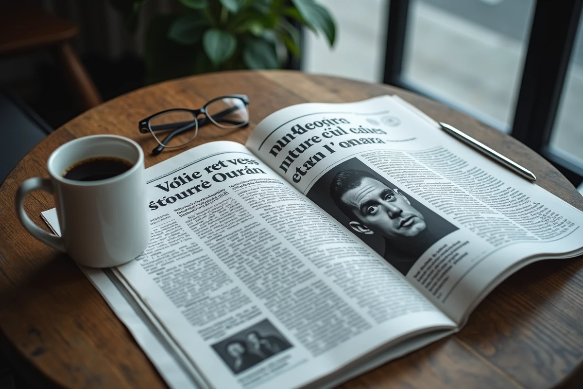 Gros plan d'un journal français ouvert sur une table en bois avec un article sur une personnalité publique, accompagné d'une tasse de café et de lunettes de lecture