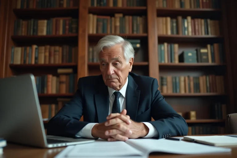 Journaliste homme âgé assis pensivement à son bureau dans un bureau privé entouré de livres, illustrant la réflexion face à une polémique publique