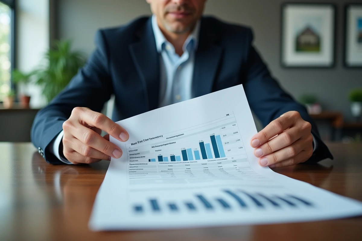 Mains d'un expert immobilier tenant un rapport d'estimation avec tableaux de prix et données comparatives du marché