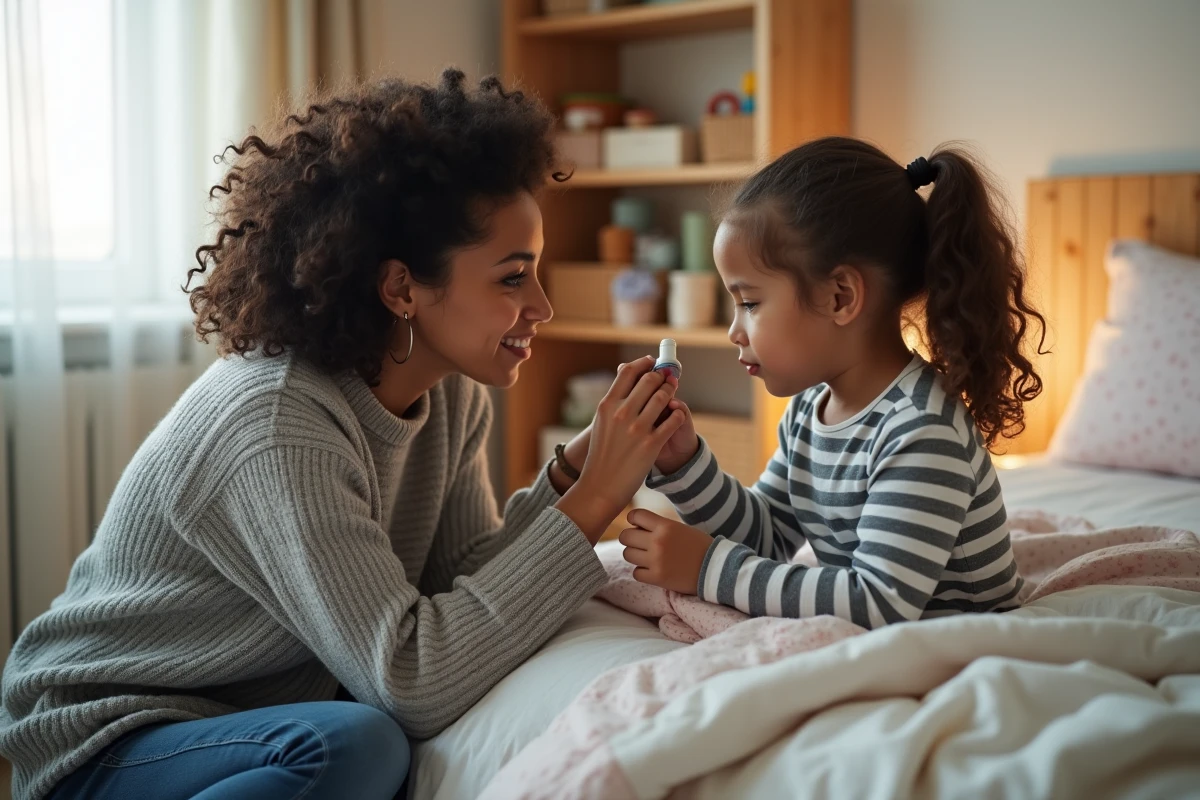 Mère aidant sa fille à utiliser un aérosol-doseur avec chambre d'inhalation dans une chambre d'enfant