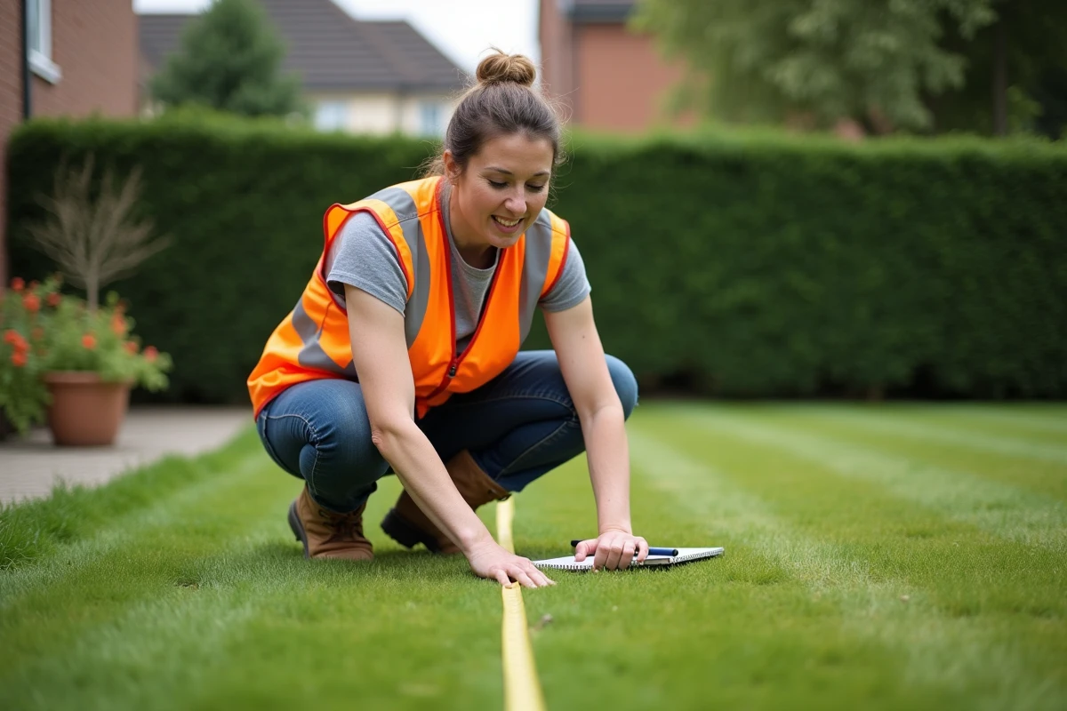 Paysagiste professionnelle mesurant une pelouse pour estimer le prix de la tonte
