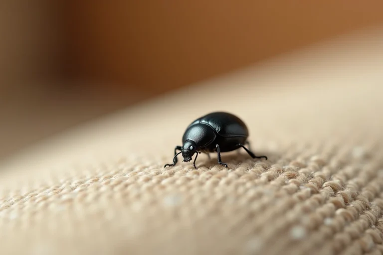 Petit insecte noir rond sur un canapé en lin beige, vue macro révélant les fibres du tissu et la carapace brillante de l'insecte