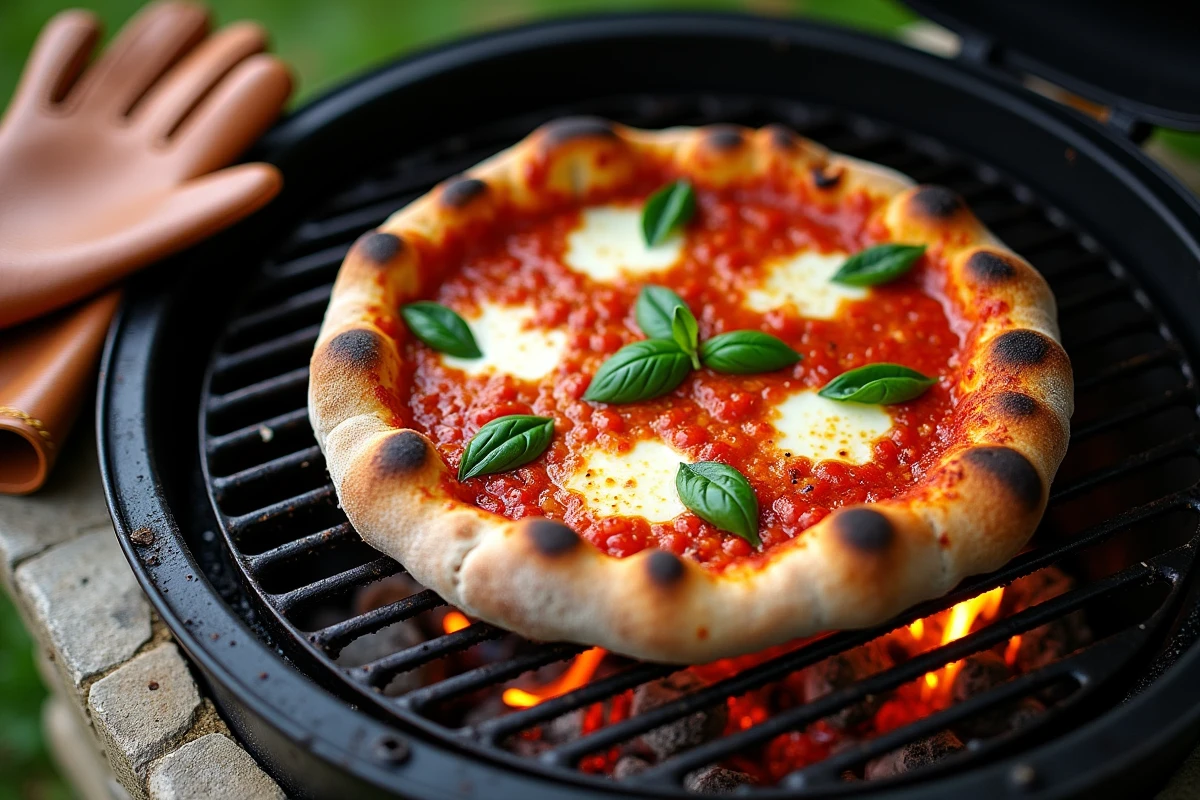 Gros plan d'une pizza cuite au barbecue avec des marques de grilles et une croûte croustillante dorée