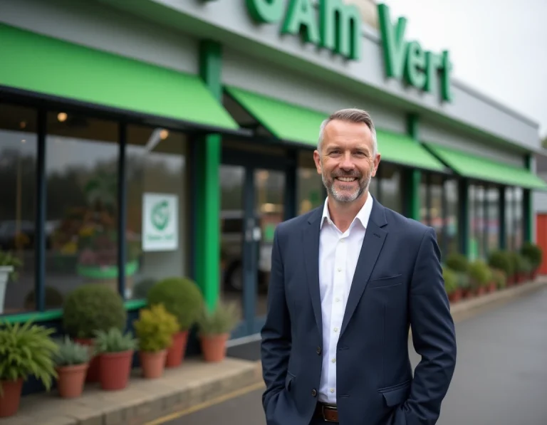 Entrepreneur devant une franchise Gamm Vert illustrant le rachat et le changement de propriétaire du réseau de jardineries