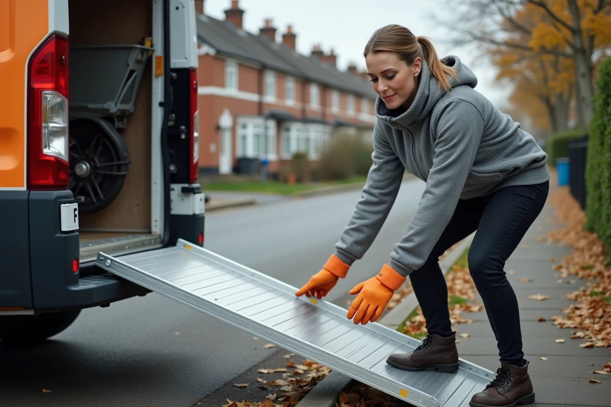 Femme positionnant une rampe aluminium pliable entre un camion de déménagement et un trottoir pour décharger une brouette