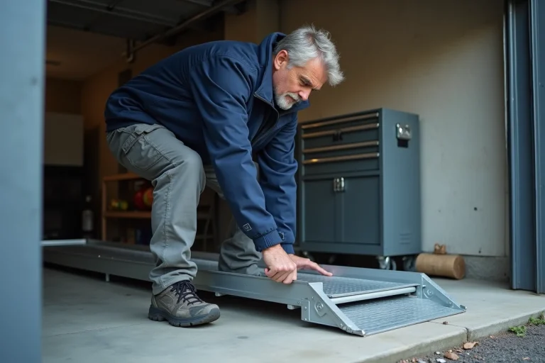 Homme utilisant une rampe aluminium pliable devant un garage pour faciliter le chargement de matériaux