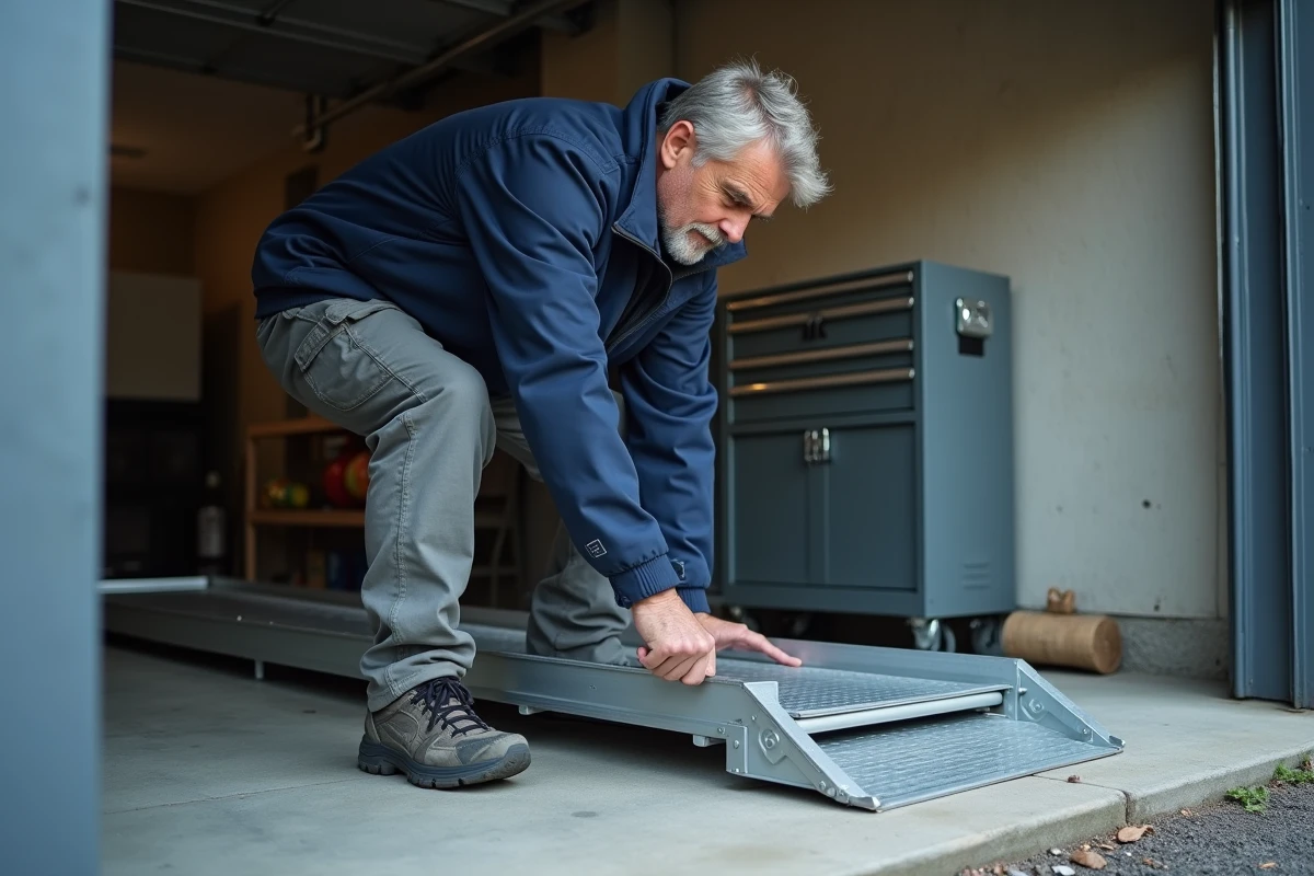 Homme utilisant une rampe aluminium pliable devant un garage pour faciliter le chargement de matériaux
