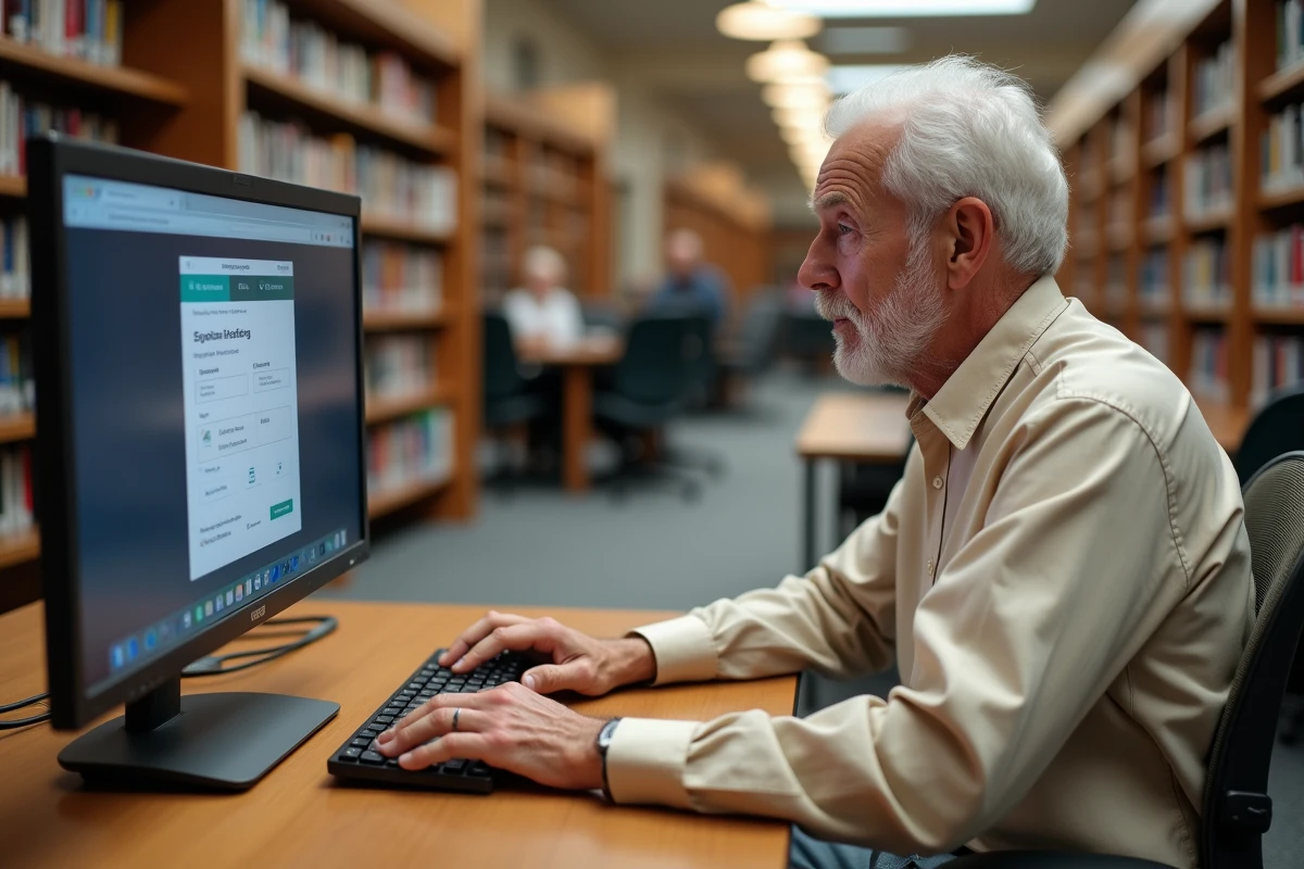Senior accédant à son compte CA 22 sur un ordinateur de bibliothèque, portail bancaire régional en ligne