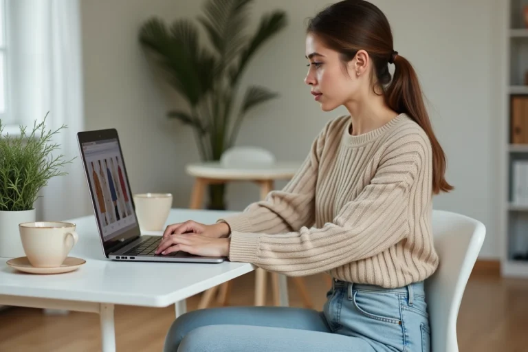 Jeune femme consultant un site de mode tendance sur son ordinateur portable depuis son bureau à domicile