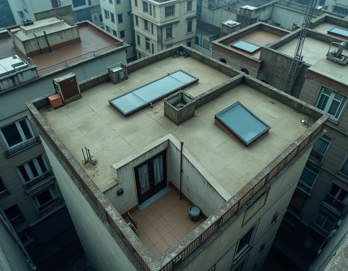 Vue aérienne plongeante d'un immeuble d'habitation urbain montrant les différents étages et balcons, illustrant l'analyse des niveaux les plus exposés aux risques de cambriolage