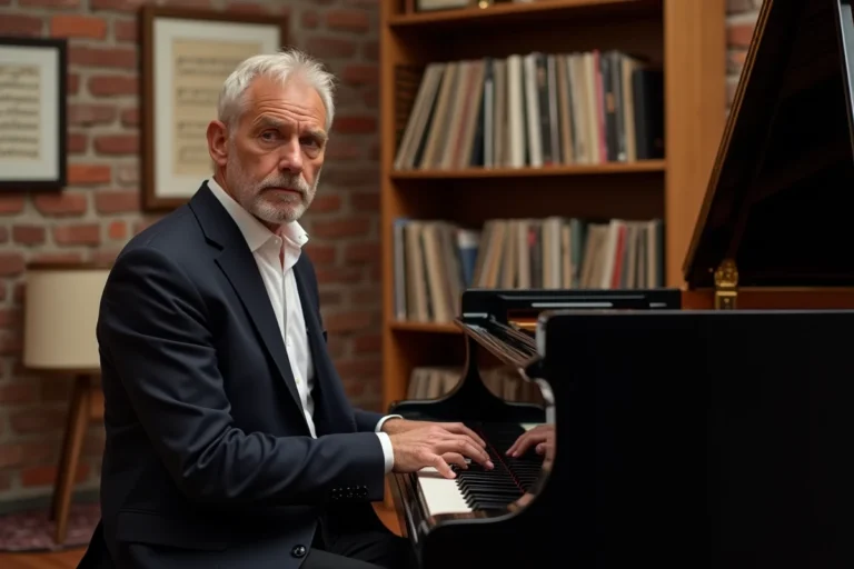 Yvan Cassar assis au piano dans un studio de musique chaleureux, reflétant sa passion musicale profonde et son univers artistique