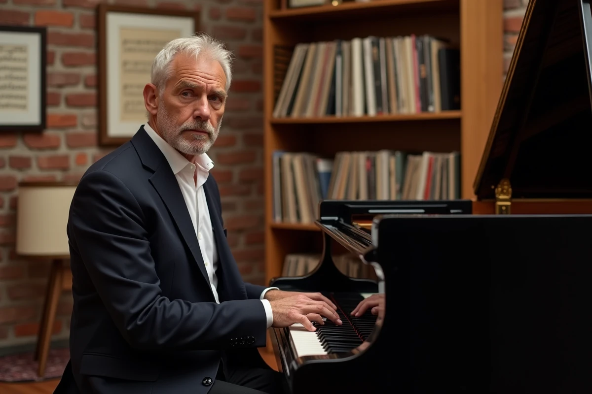 Yvan Cassar assis au piano dans un studio de musique chaleureux, reflétant sa passion musicale profonde et son univers artistique